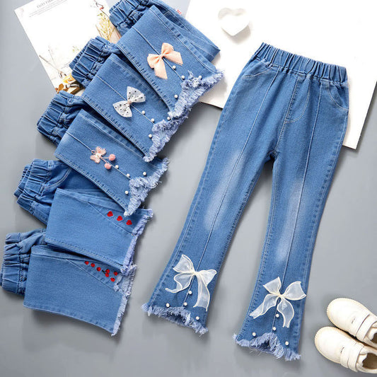Children's Clothing Wholesale Girls' Jeans Spring and Autumn New Style Medium and Large Children's Slim Pants Baby Casual Girls' Flared Long Pants