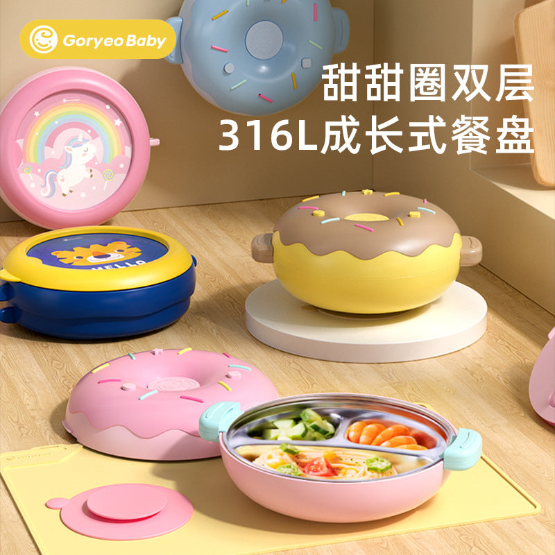 goryeobaby Children's Stainless Steel Plate Baby Suction Bowl Water-Insulated Bowl Baby Divided Plate Baby Food Utensils