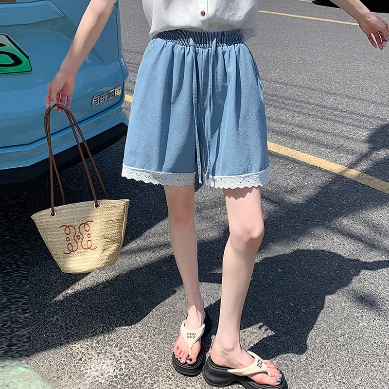 Japanese Style Wide-Leg Jeans for Women2025High Waist Lace Trim Casual Shorts Loose Straight Five-Point Shorts Trendy
