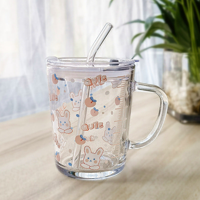 ins Glass Cup with Straw Milk Breakfast Cup Cute Cartoon Graduated Cup with Lid Spoon Gift Customization logo