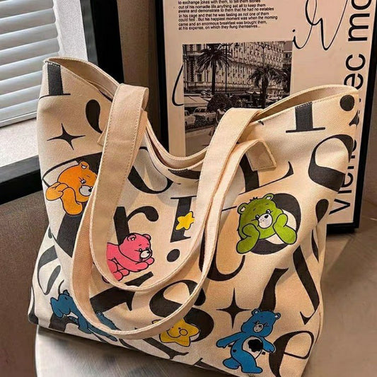 Student Canvas Bag for Women, Large Capacity Tote Commuter Bag, Versatile Printed Mommy Bag, Handheld Shoulder Bag, Shopping Bag for Women