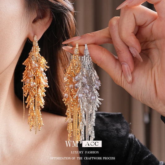 Silver Needle Inlaid Diamond Glass Tassel Earrings Fashion European and American Exaggerated Heavy Craft Stud Earrings Light Luxury High-end Niche Earrings for Women