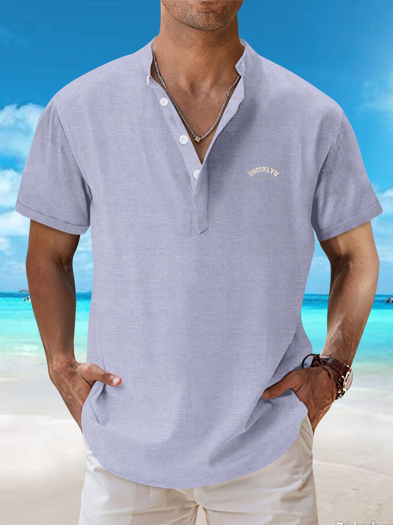 2025New retro loose textured woven shirt for men2025Summer New Stand Collar T Breathable Short Sleeve T-Shirt