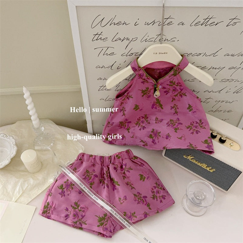 Girls retro Cotton and Linen Vest Set Summer Clothes2025New Korean Style Children's Sleeveless Doll Shirt Wide Leg Pants for Kids