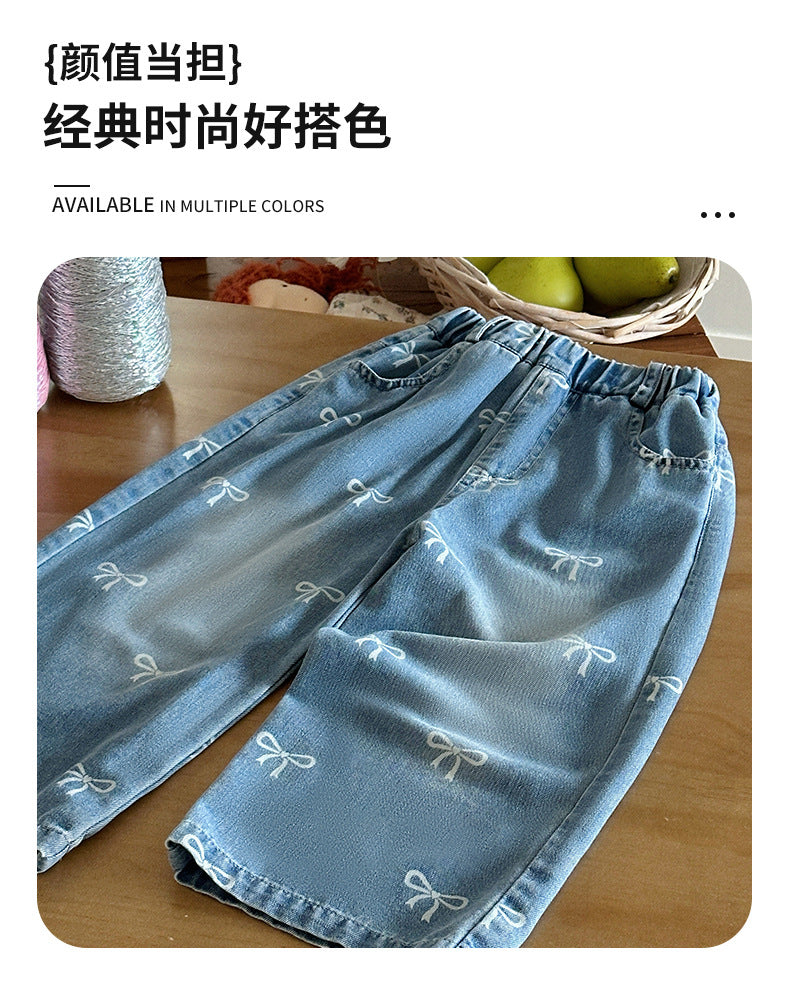 Girls' Pants Bowknot Print Jeans Wide Leg Straight2025Autumn New Fashionable and Stylish for Girls and Young Children
