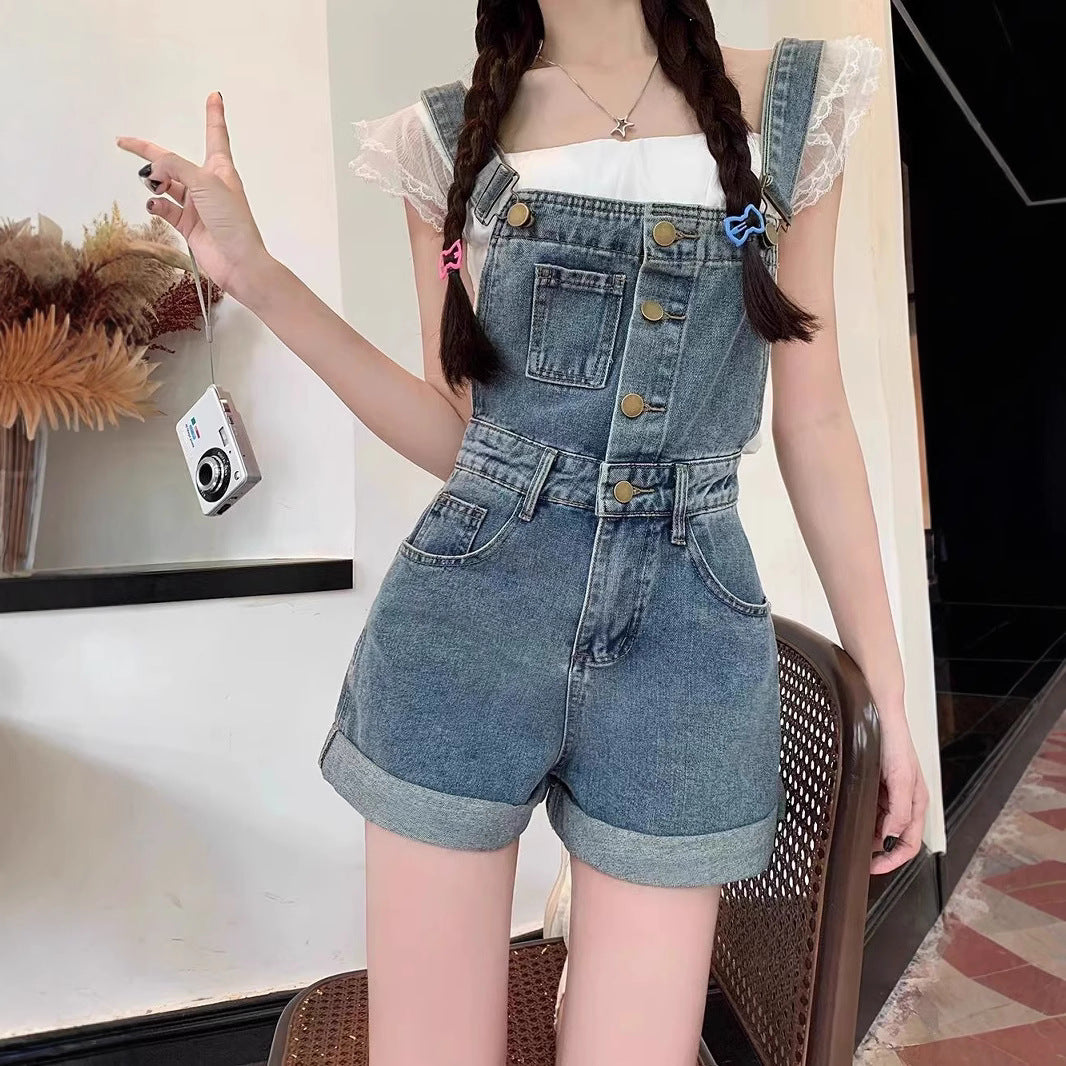 Internet Celebrity Youthful Denim Strap Shorts for Women Summer2025New Workwear Wide-Leg Hot Pants with a Sense of Design and Strap Design