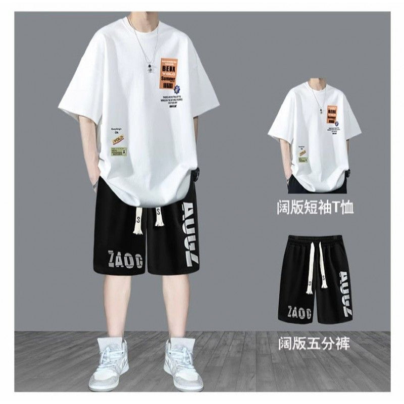 Summer Teenage Suit Boys Short Sleeve T T-shirt Short Sleeve New Style High School Student Trendy Casual Sports Two Pieces