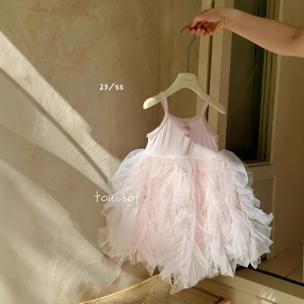 Girls Korean Style Cotton Strap Floral Mesh Princess Dress
