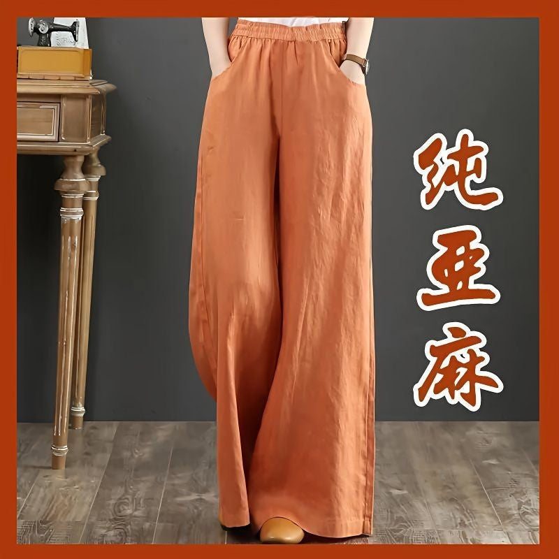 2025Plus Size Women's Linen Wide-Leg Pants High Waist Elastic Waist Cotton Linen Spring Summer Women's Long Pants Loose Cotton Linen Draped