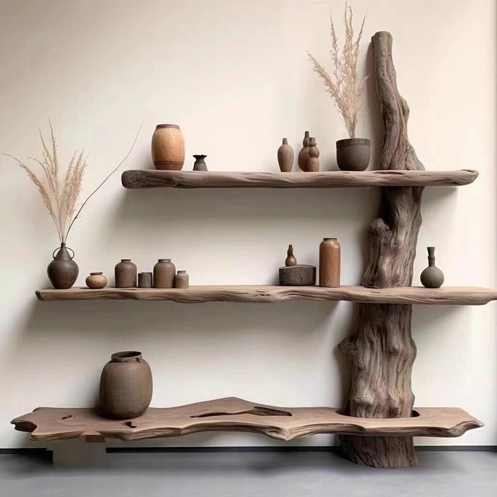 Wabi-Sabi Style Camphor Wood Solid Wood Display Cabinet Tea Storage Cabinet Natural Wood Multi-Functional Storage Rack