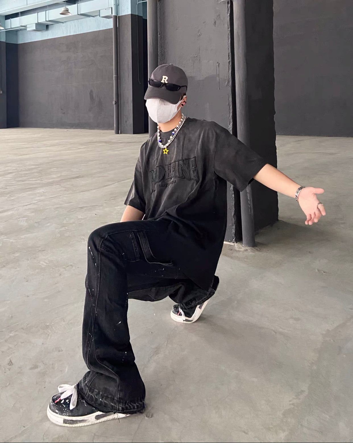 2023New Graffiti Ink Splash Damage Dept Casual Retro Niche vibo High Street Men's and Women's Flared Jeans