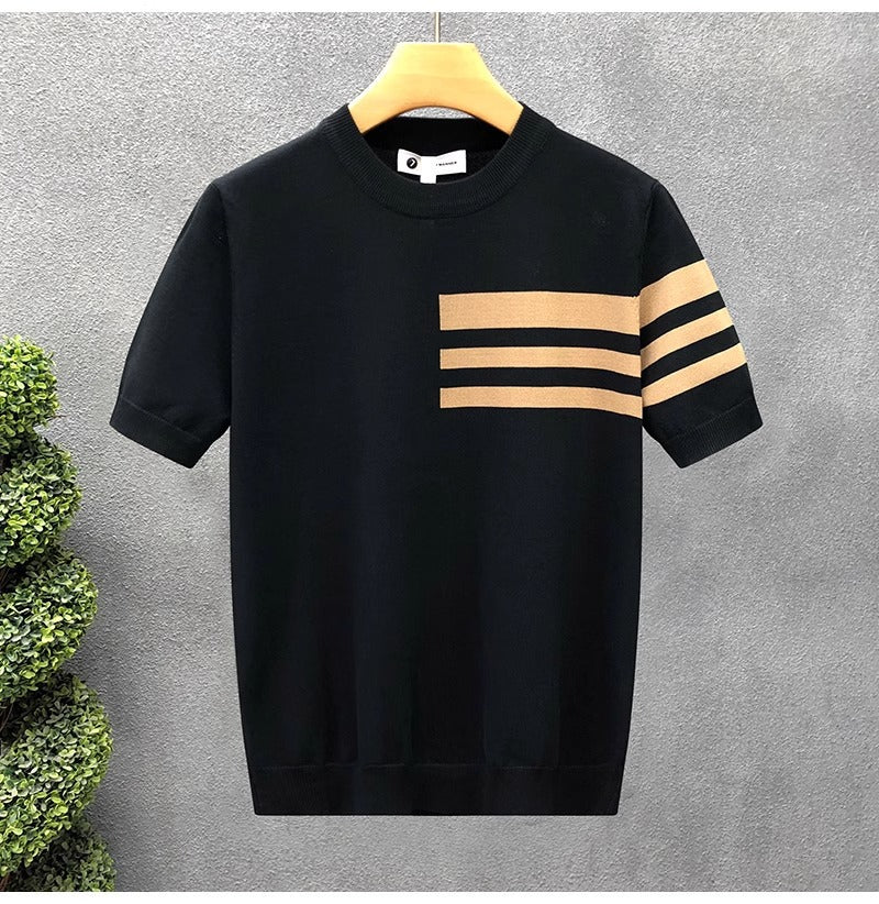 2025New Short Sleeve Knitted Shirt for Men, Striped, Simple, High-End Business, Mature, Slim Fit, Ice Silk T Men's Shirt