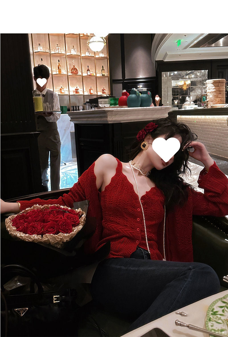 French Style Three-Dimensional Slight Flare V Women's Fashion Collar Suit2025Autumn New Camisole Jacquard Cardigan Two-Piece Set