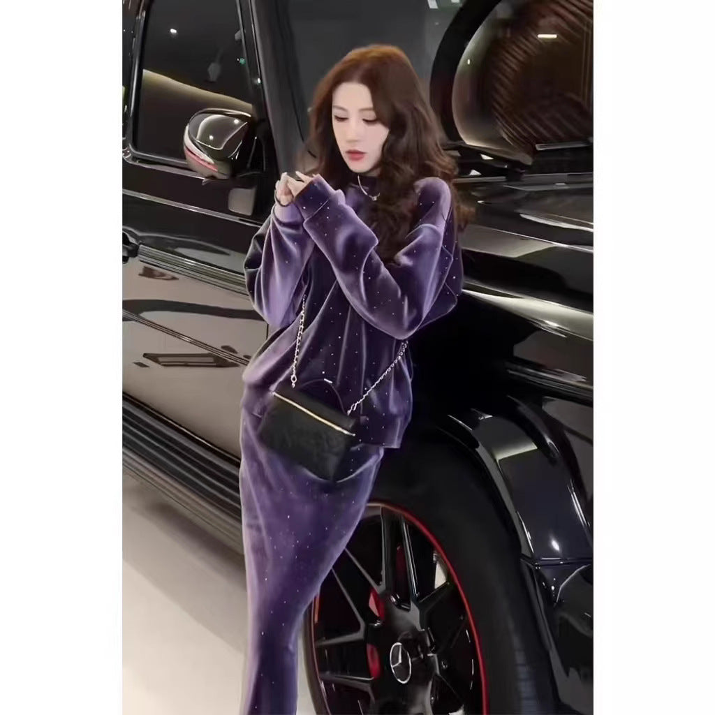 Spring High-End Exquisite Luxury Style Little Chanel Purple Sequin Velvet Dress Set
