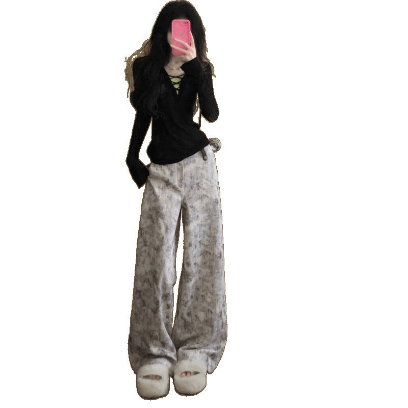 American Retro Tie-Dye Print Casual Wide-Leg Jeans for Women Loose High-Waist Draped Floor-Length Pants Summer Hot Sale