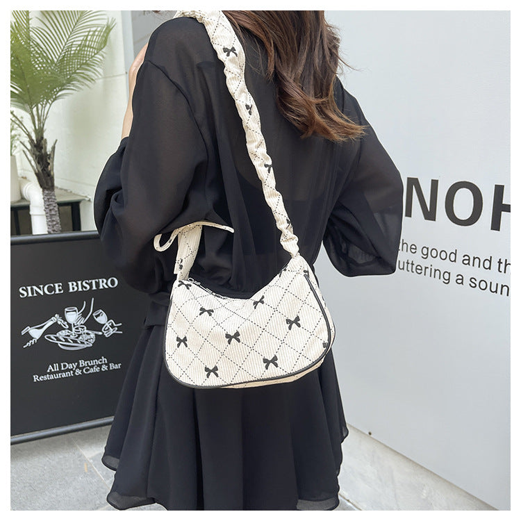 Sweet Bow Plaid Single Shoulder Underarm Crescent Bag2024Autumn new simple casual large capacity handbag