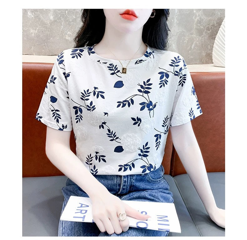 Cross-border new product milk silk round neck short-sleeved women's clothing T Floral Print Foam Base Shirt Loose Fit Women's Top