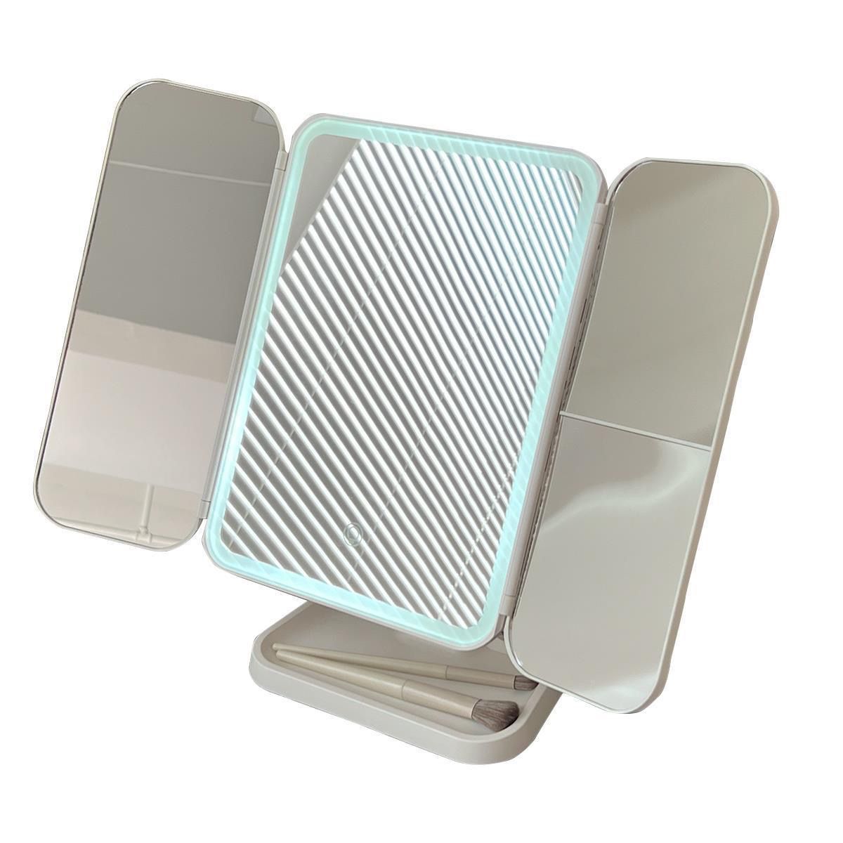 LED Makeup Mirror Desktop with Light Three-Sided Folding Magnifying Internet Celebrity Dormitory Desktop Beauty Bedroom Dressing Mirror