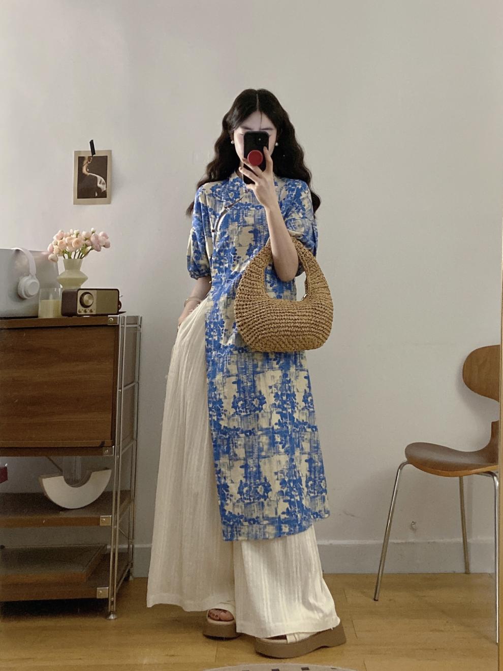 New Chinese Style National Style Set Gentle Temperament Super Beautiful Blue Floral Long Top Casual Long Pants Two-Piece Set