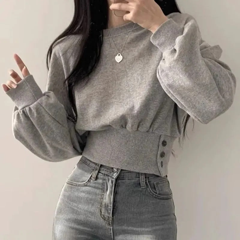 Polyester Fish Scale Korean Autumn Niche Design Round Neck Button Long Sleeve Short Pullover Sweatshirt for Women