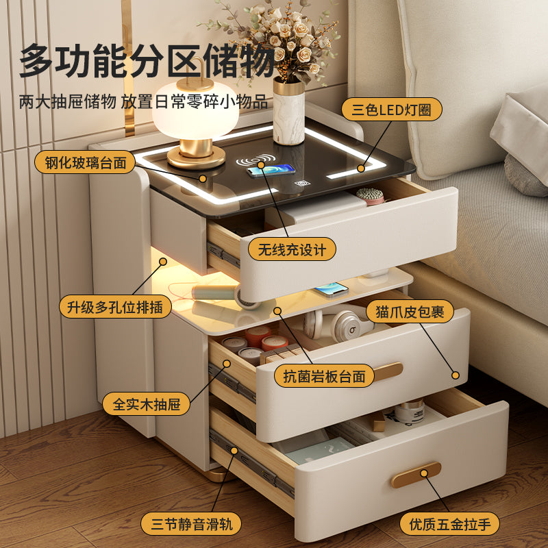 Smart Bedside Table2024New Simple Modern Solid Wood No-Installation Bedroom Home Multi-Functional Rock Slab Bedside Table
