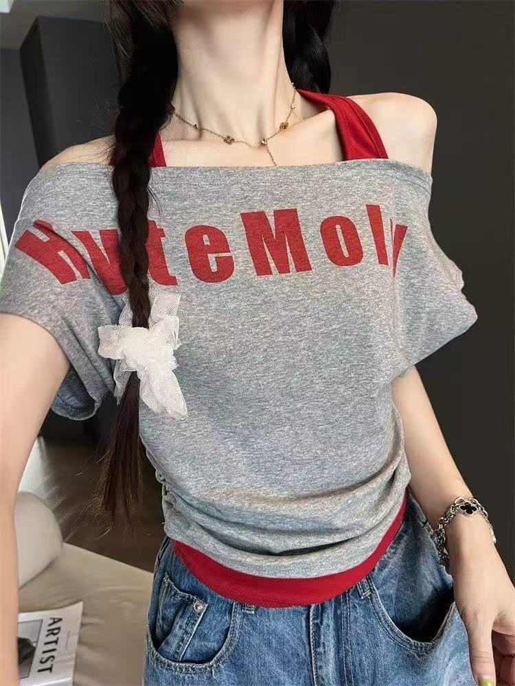 Fashionable Design Letter Print Off-Shoulder Halter Neck Short Sleeve T Women's T-shirt2025Summer New Slimming Short Top
