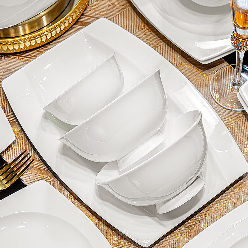 Tangshan Bone China Pure White Underglaze Color Bowl and Plate Set Household Combination Tableware Set Bowl Plate Dish Gift Box High Temperature Porcelain