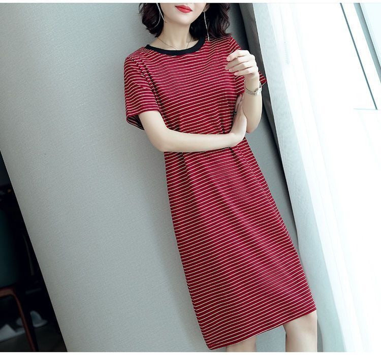 Summer Waist-Cinching Dress Plus Size Middle-Aged and Elderly Mom Outfit Mid-Length Striped Short Sleeve T Women's T-shirt Skirt Cross-Border Wholesale