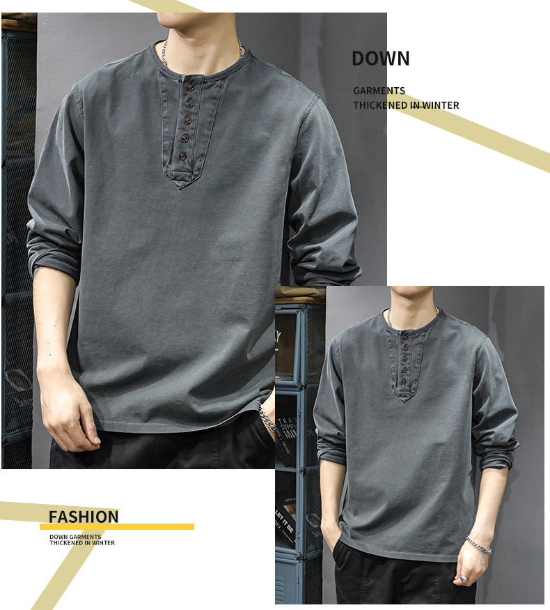2025New casual men's pure cotton long sleeves t Loose Thin Spring Autumn Trendy Brand Henley Collar Base Shirt Sweatshirt