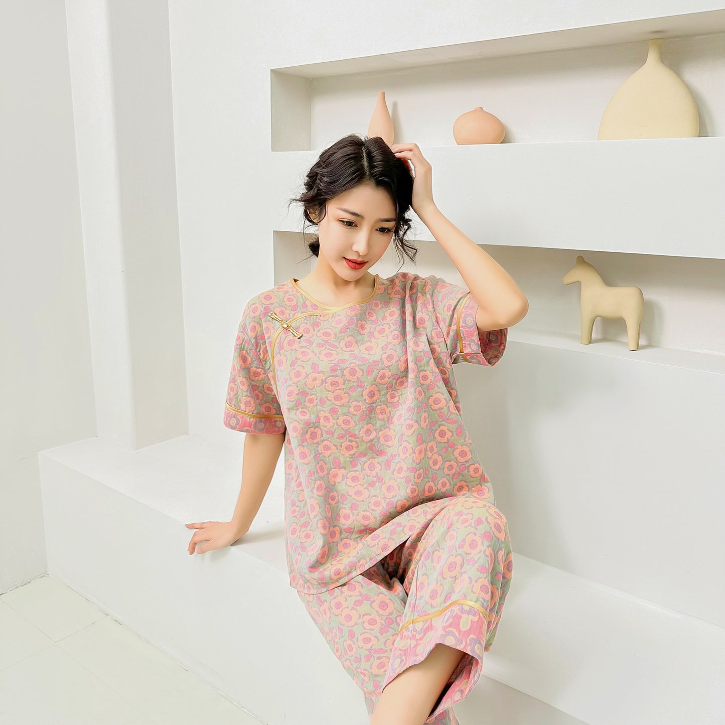 New Chinese Style Retro National Style Cotton Gauze Pajamas Plus Size for Women mm Summer Thin Loose Fit200Pure Cotton Homewear