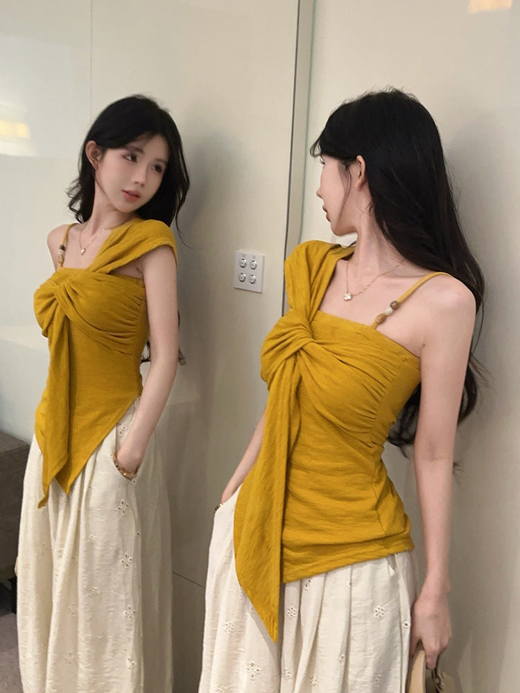 Pure Desire Hot Girl Off-Shoulder Twist t Women's T-shirt2025Summer New Slim Fit Fashionable Unique Design Top