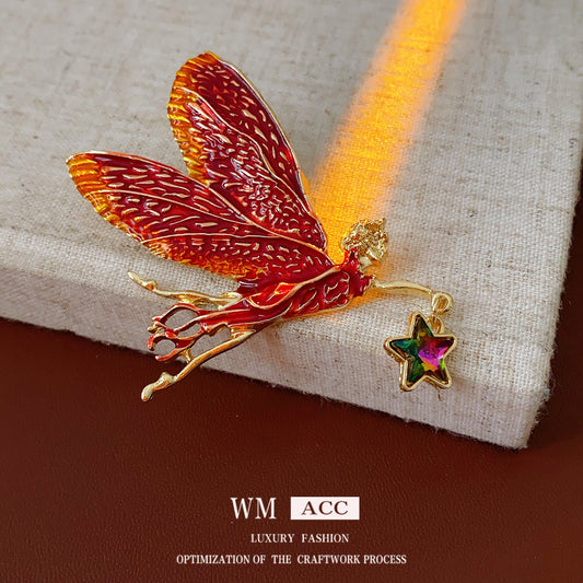 Medieval vintage Enamel Brooch with Inlaid Diamonds and Oil Drop Wings Fairy Pin Brooch High-end Fashion Accessory for Women