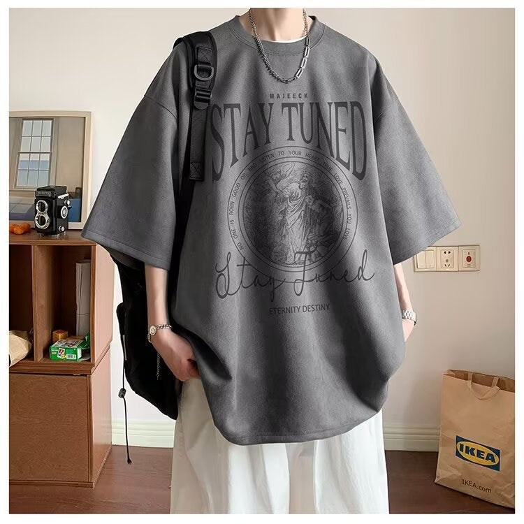 2025New Faux Suede Short Sleeve Men's Summer New American Style Heavyweight Trendy Loose Half Sleeve T Trendy Five-Sleeve Shirt