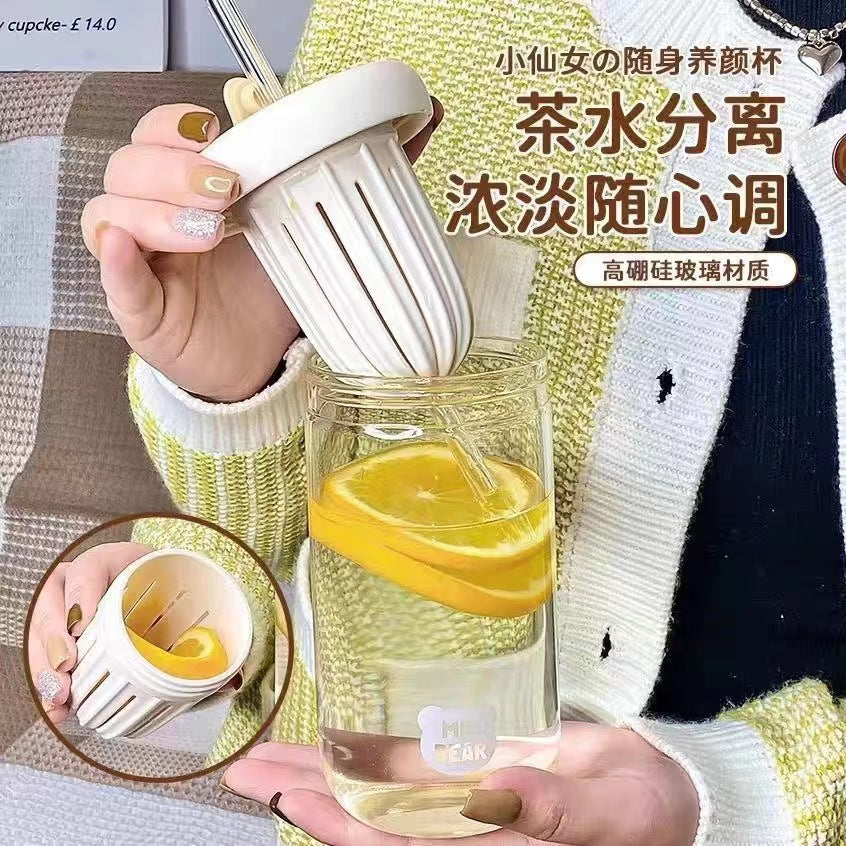 Cold Brew Cup Glass Tea Infuser Lemon Water Cup Portable Tea Water Separation Cup High-Value Straw Cup for Women