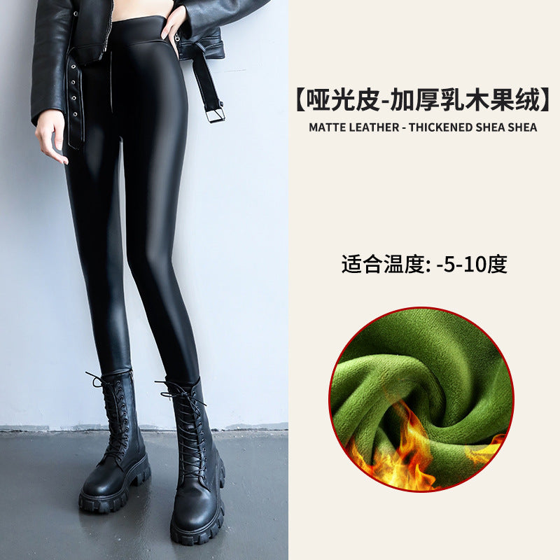 PU Women's Leather Pants Autumn Winter Long Pants Base Pants Fleece Lined Thickened High Waist Slimming Windproof Waterproof Outdoor Wear Wholesale