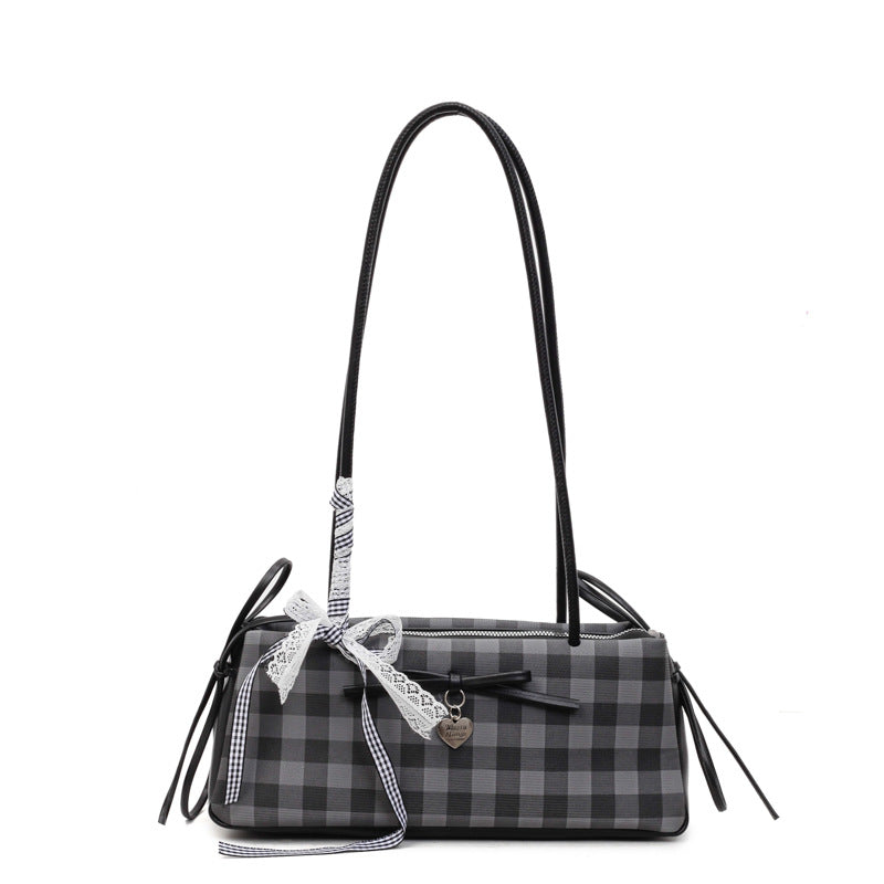 Dopamine Plaid Handbag Small Tote Bag for Women Summer2025New Ballet Style Bow Baguette Bag Underarm Bag Trendy