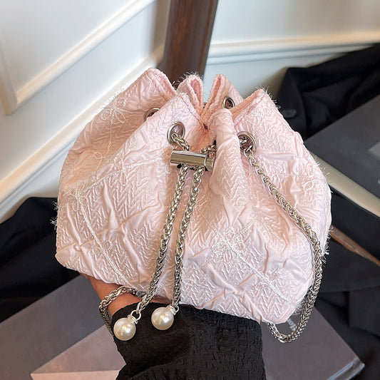 Cross-border Drawstring Bucket Small Bag for Women2025New Stylish Pleated Flower Bag Fashionable Round Chain Crossbody Bag