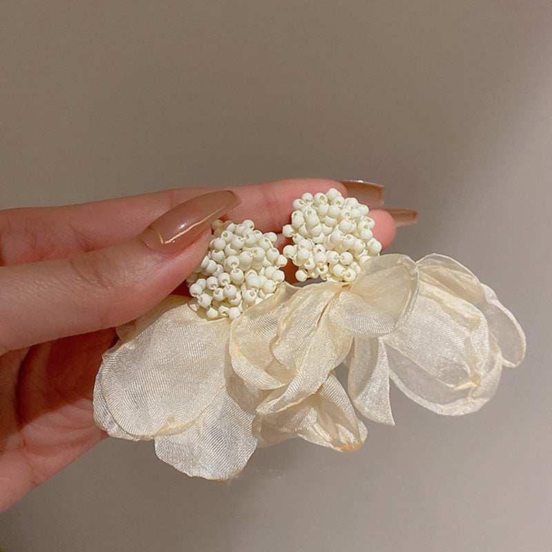 Resort Style Silver Needle Fabric Flower Tassel Earrings High-End Fashion Earrings Bohemian Sweet Exaggerated Ear Jewelry