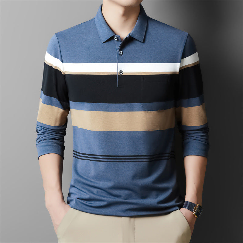 Autumn Men's Long Sleeve Cotton t Shirt for Middle-aged Dad Autumn Outfit with Turn-down Collar and Stripes POLO Base Layer Shirt T Grandpa's clothes