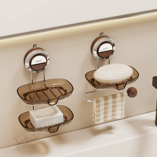 Walnut Wood Suction Cup Soap Holder Wall-Mounted Bathroom No-Drill Storage Rack Soap Box