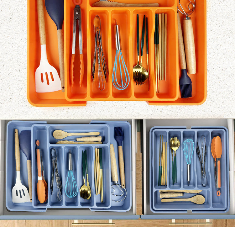 Cross-Border Utensil Tray Drawer Silicone Tableware Storage Box Shrinkable Storage Rack Kitchen Tool Storage Tray