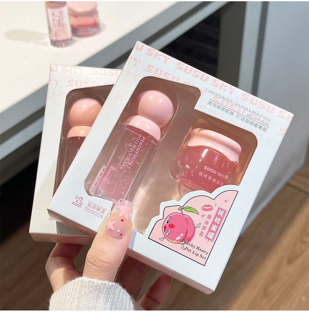 SUSU SKY Peach Honey Pot Lip Makeup Set Moisturizing Hydrating Autumn Winter Anti-Chap Exfoliating Nourishing Repair