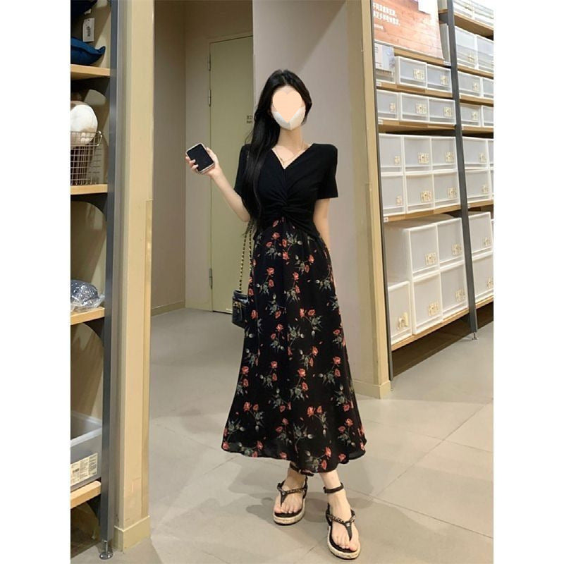 Plus Size Women's Tea Break French Style Dress Summer Hepburn Style Fake Two-Piece Floral Dress Slimming Waist Dress