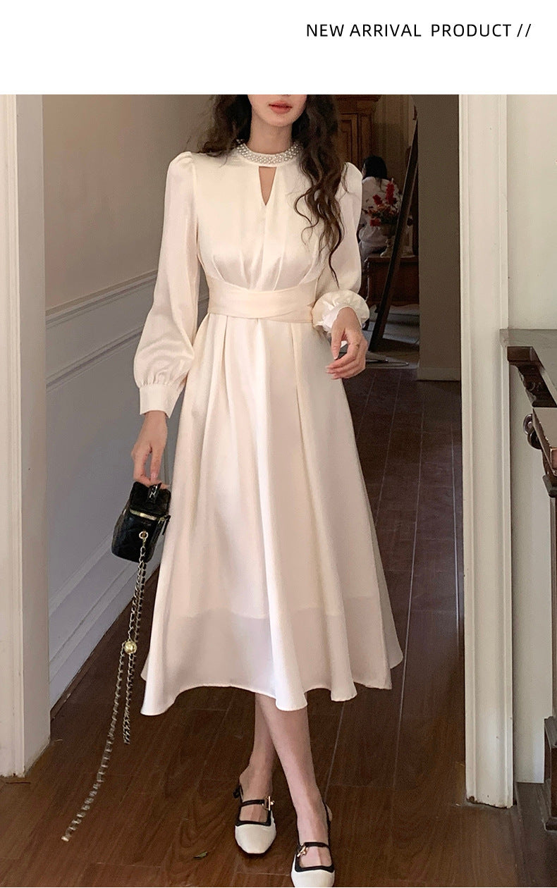 French A Line skirt2025Spring and Summer New Women's Long Sleeve Dress Waist Slimming Elegant Acetate Satin Long Dress