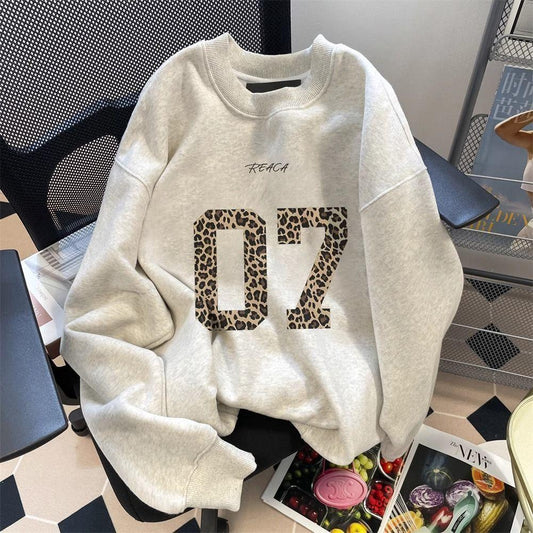 2025New Super Hot Lazy Style Leopard Print Digital Sweatshirt for Women Loose Fit Couple Versatile Long Sleeve Top Trendy
