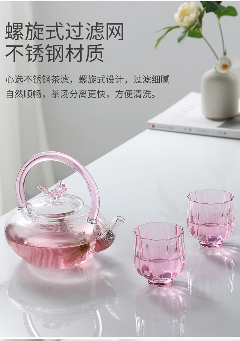 Teapot with Pink Handle Butterfly Teapot High Borosilicate Heat-Resistant Glass Teapot Electric Ceramic Stove Special Tea Brewing Teapot Flower Tea Teapot