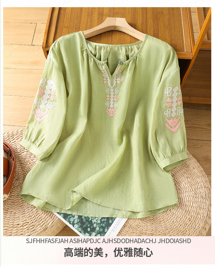 2025Summer New Vacation Ethnic Style Ramie Embroidered Round Neck Shirt for Women Loose Sun Protection Versatile Air Conditioning Shirt