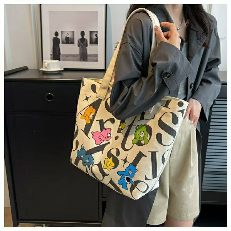 Student Canvas Bag for Women, Large Capacity Tote Commuter Bag, Versatile Printed Mommy Bag, Handheld Shoulder Bag, Shopping Bag for Women