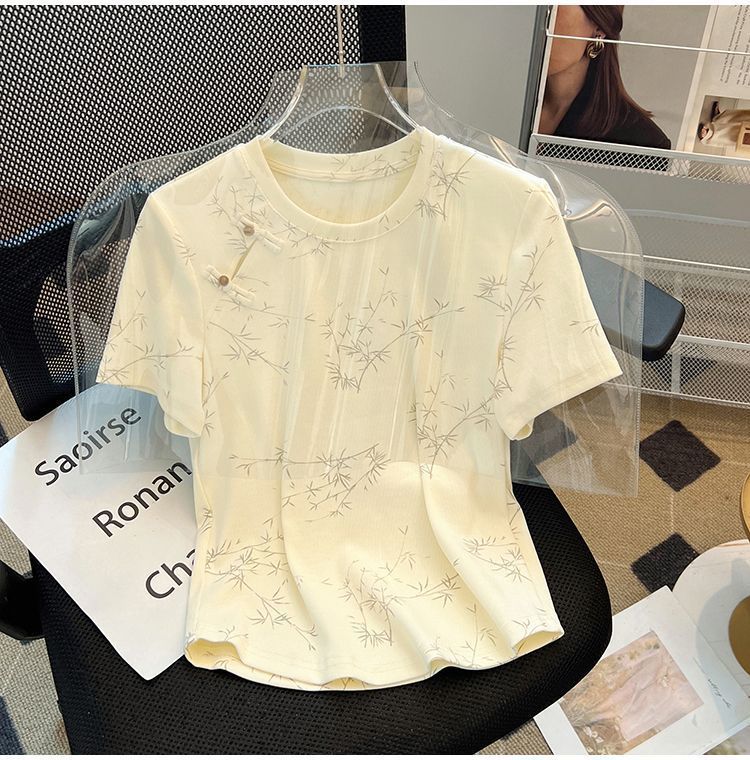 New Chinese Style National Style Button Short Sleeve t Women's Summer T-shirt2024New Women's Loose Slimming Plus Size Round Neck Top