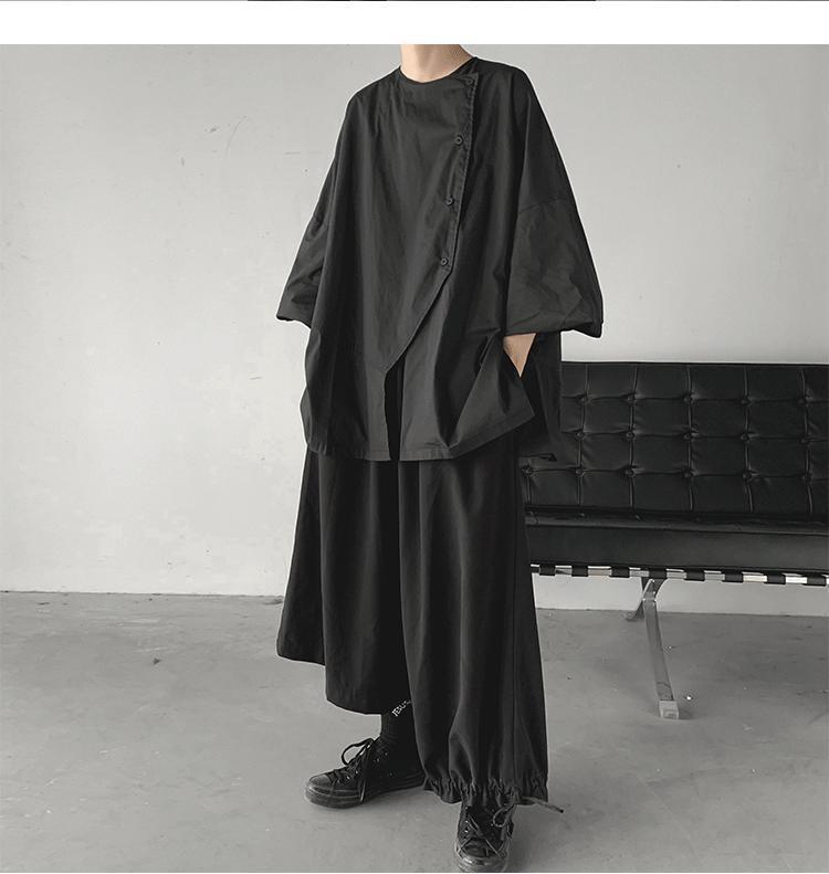 300Plus Size Unique Design Three-Quarter Sleeve Shirt for Men Summer Short Sleeve Cool Japanese Style ins Irregular Top